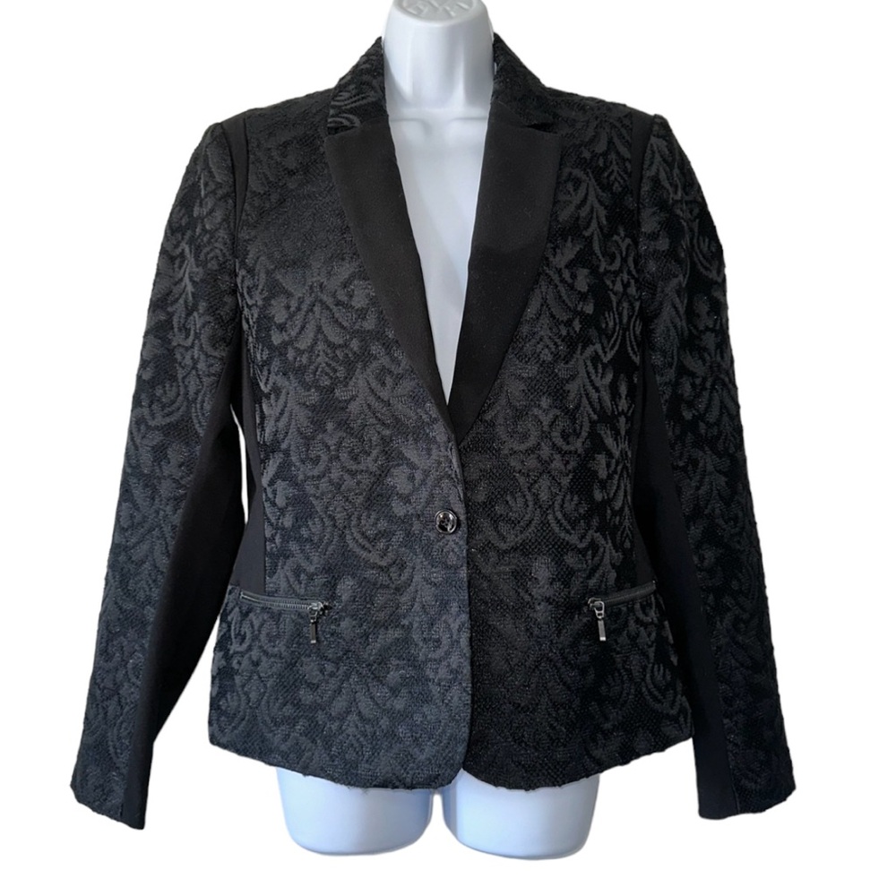 REISS Women’s Black Noah Jacquard Zipper Pockets Blazer Jacket- Size Large